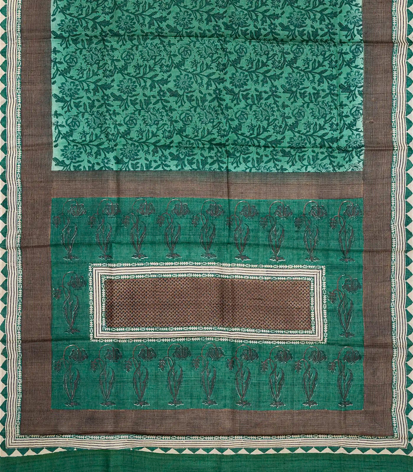 Sea Green Handloom Tussar Silk Saree With Printed Floral Motifs-Sea Green