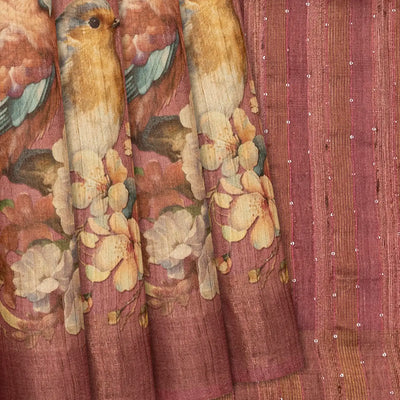 Dusty Pink Handloom Tussar Silk Saree With Printed Bird Motifs-Dusty Pink