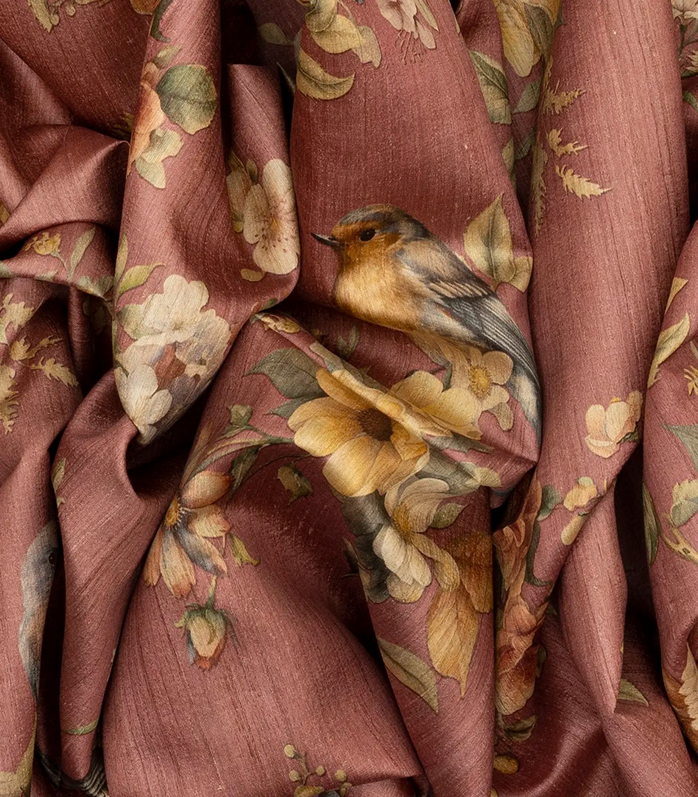Dusty Pink Handloom Tussar Silk Saree With Printed Bird Motifs-Dusty Pink