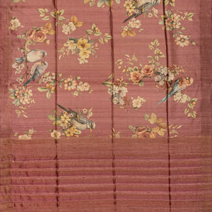 Dusty Pink Handloom Tussar Silk Saree With Printed Bird Motifs-Dusty Pink