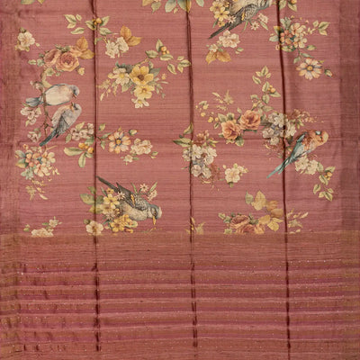 Dusty Pink Handloom Tussar Silk Saree With Printed Bird Motifs-Dusty Pink