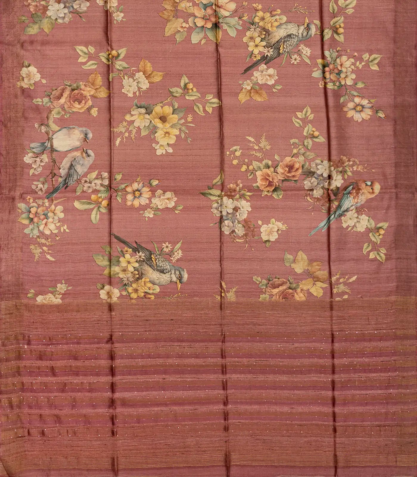 Dusty Pink Handloom Tussar Silk Saree With Printed Bird Motifs-Dusty Pink