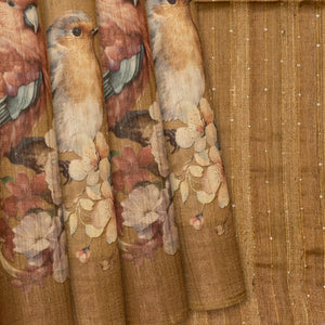 Beige Handloom Tussar Silk Saree With Printed Bird Motifs-Beige
