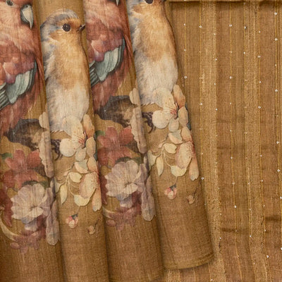 Beige Handloom Tussar Silk Saree With Printed Bird Motifs-Beige
