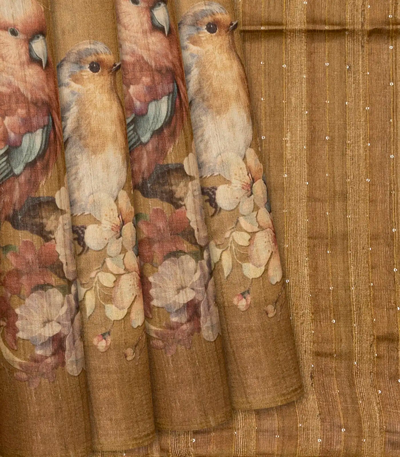 Beige Handloom Tussar Silk Saree With Printed Bird Motifs-Beige