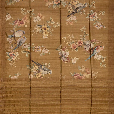 Beige Handloom Tussar Silk Saree With Printed Bird Motifs-Beige
