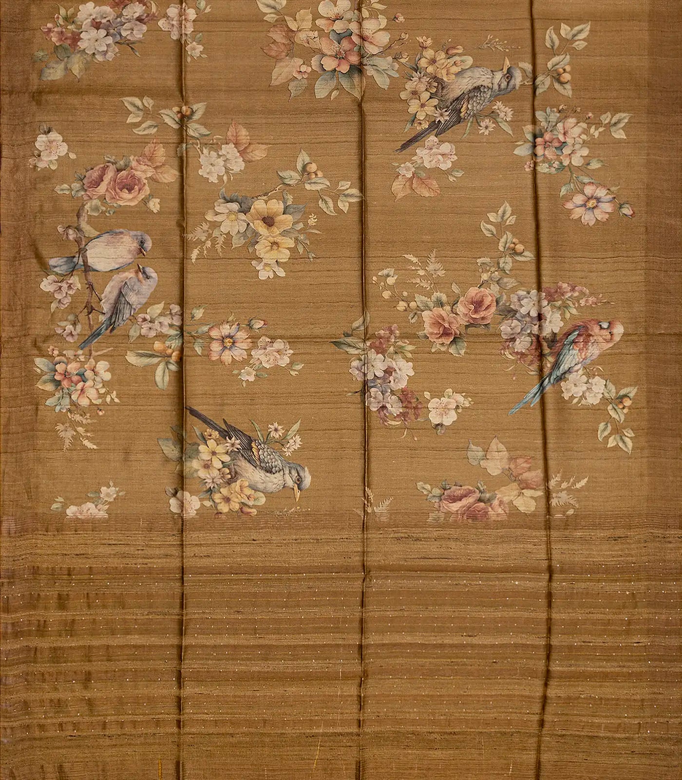 Beige Handloom Tussar Silk Saree With Printed Bird Motifs-Beige