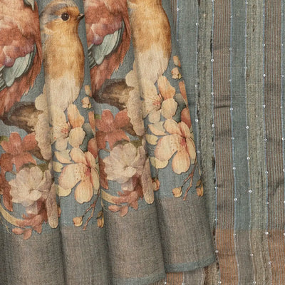 Grey Handloom Tussar Silk Saree With Printed Bird Motifs-Grey