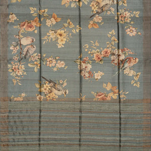 Grey Handloom Tussar Silk Saree With Printed Bird Motifs-Grey