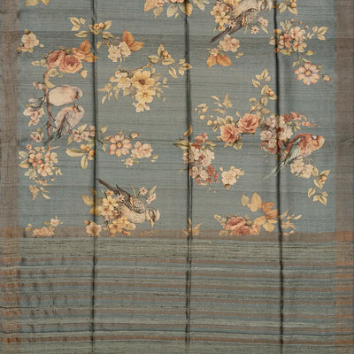 Grey Handloom Tussar Silk Saree With Printed Bird Motifs-Grey