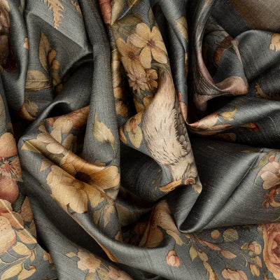 Grey Handloom Tussar Silk Saree With Printed Bird Motifs-Grey