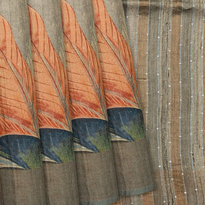 Grey Handloom Tussar Silk Saree With Printed Floral Motifs-Grey