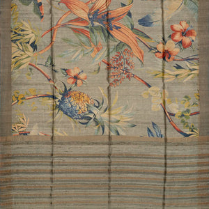 Grey Handloom Tussar Silk Saree With Printed Floral Motifs-Grey