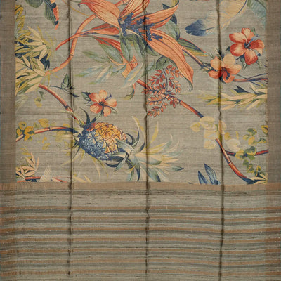 Grey Handloom Tussar Silk Saree With Printed Floral Motifs-Grey