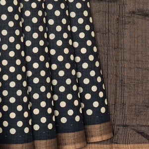 Black Handloom Kanchipuram Tussar Silk Saree With Printed Polka Dots-Black