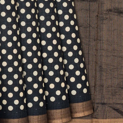 Black Handloom Kanchipuram Tussar Silk Saree With Printed Polka Dots-Black