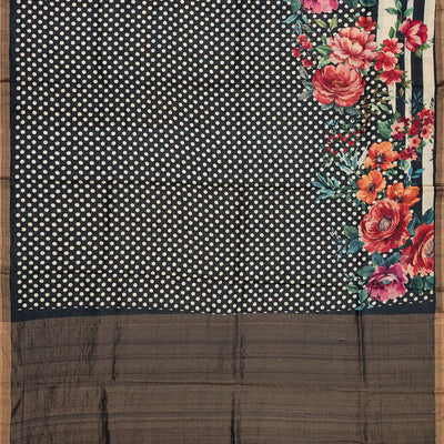 Black Handloom Kanchipuram Tussar Silk Saree With Printed Polka Dots-Black