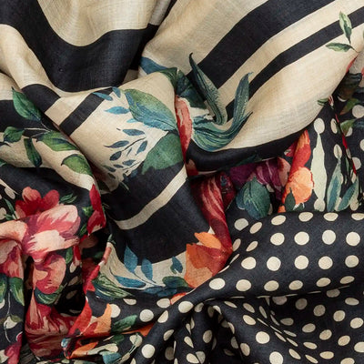 Black Handloom Kanchipuram Tussar Silk Saree With Printed Polka Dots-Black