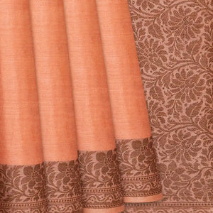 Peach Handwoven Tussar Silk Saree With Floral Motifs In Border-Peach