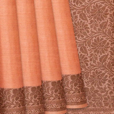Peach Handwoven Tussar Silk Saree With Floral Motifs In Border-Peach