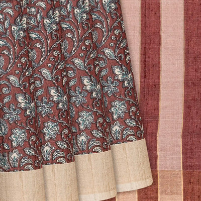 Brown Handloom Tussar Silk Saree With Printed Floral Motifs-Brown