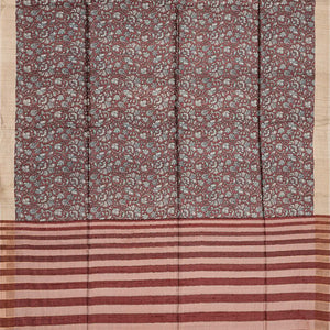 Brown Handloom Tussar Silk Saree With Printed Floral Motifs-Brown