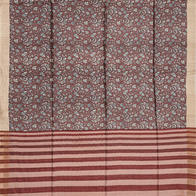 Brown Handloom Tussar Silk Saree With Printed Floral Motifs-Brown