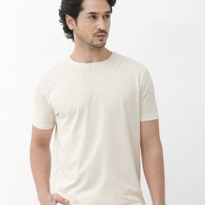 Rare Rabbit Articale Mens Tully Beige Cotton Polyester Fabric Short Sleeve Crew Neck Regular Fit Monogram Printed T-Shirt