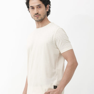 Rare Rabbit Articale Mens Tully Beige Cotton Polyester Fabric Short Sleeve Crew Neck Regular Fit Monogram Printed T-Shirt