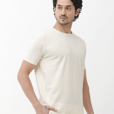 Rare Rabbit Articale Mens Tully Beige Cotton Polyester Fabric Short Sleeve Crew Neck Regular Fit Monogram Printed T-Shirt