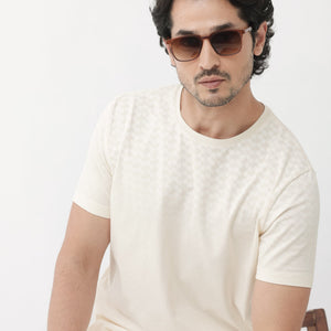 Rare Rabbit Articale Mens Tully Beige Cotton Polyester Fabric Short Sleeve Crew Neck Regular Fit Monogram Printed T-Shirt
