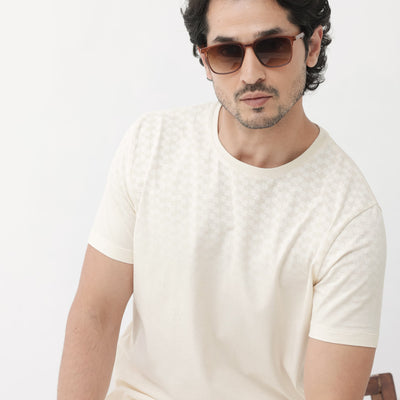 Rare Rabbit Articale Mens Tully Beige Cotton Polyester Fabric Short Sleeve Crew Neck Regular Fit Monogram Printed T-Shirt