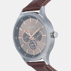 Fashion Men Quartz Grey Dial Chronograph Leather Watch TW000T309