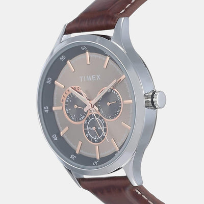 Fashion Men Quartz Grey Dial Chronograph Leather Watch TW000T309