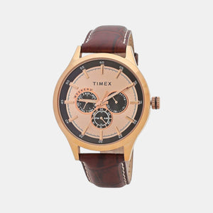 Fashion Men Quartz Rose Gold Dial Chronograph Leather Watch TW000T311