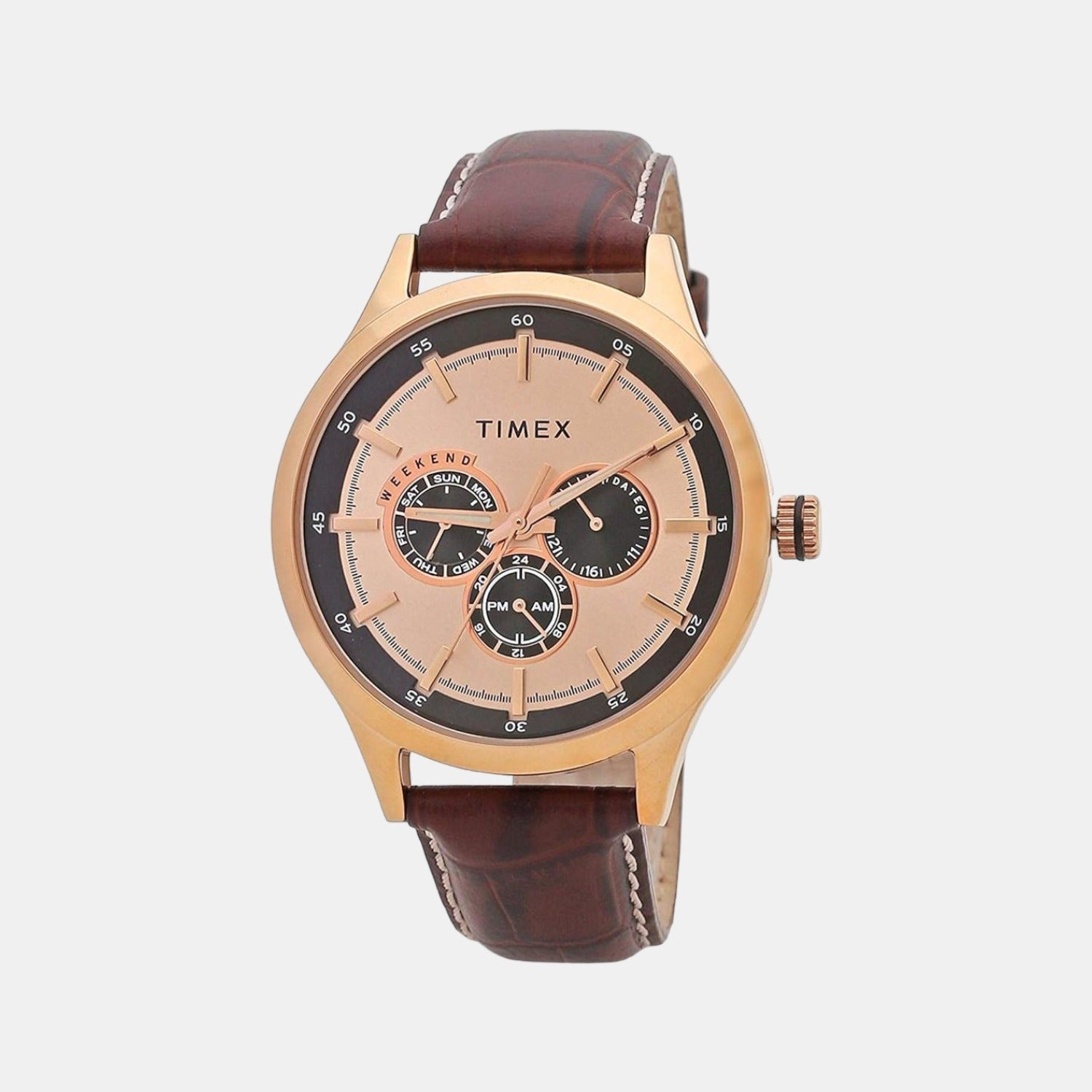 Fashion Men Quartz Rose Gold Dial Chronograph Leather Watch TW000T311