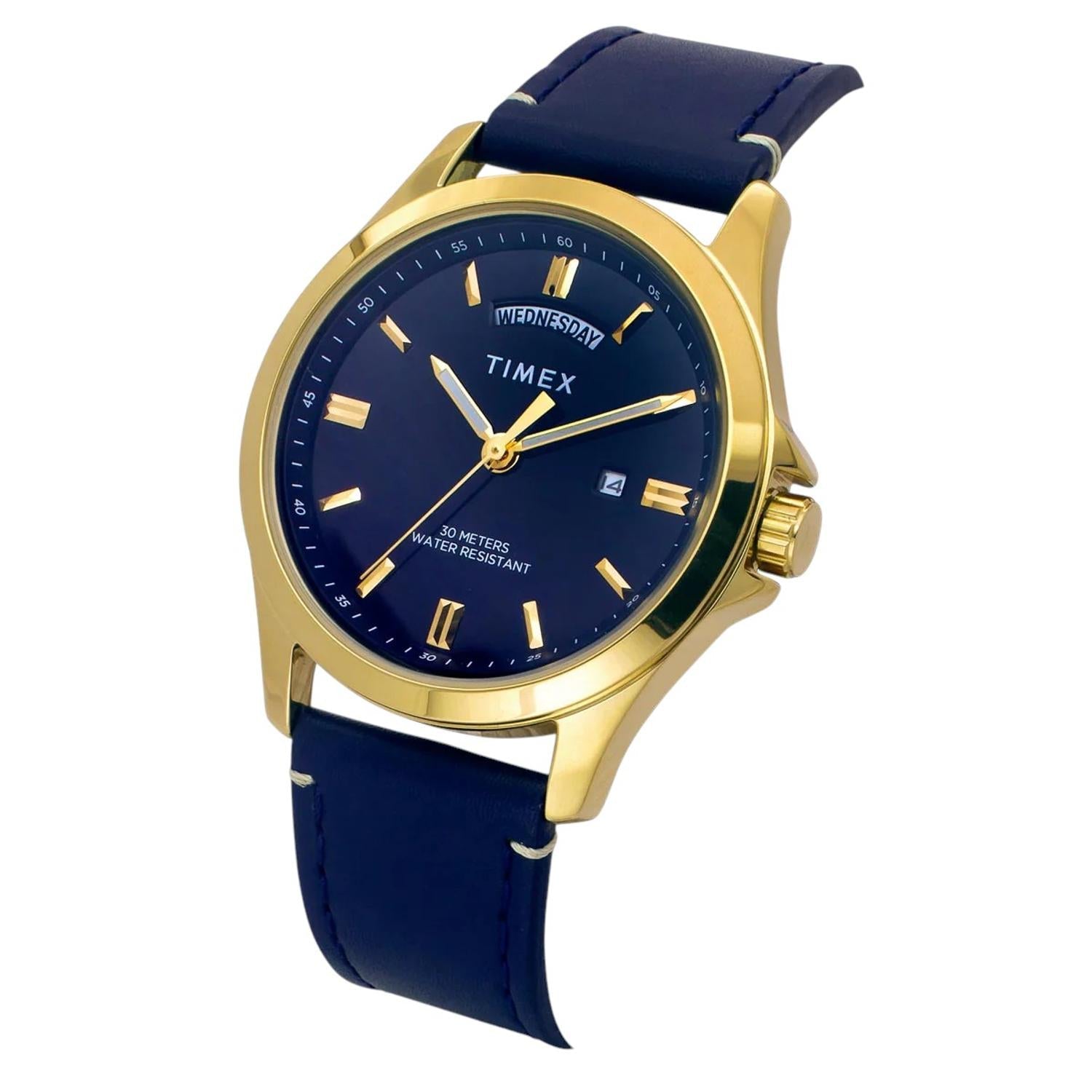 Fashion Men Quartz Blue Dial Analog Leather Watch TW000X140