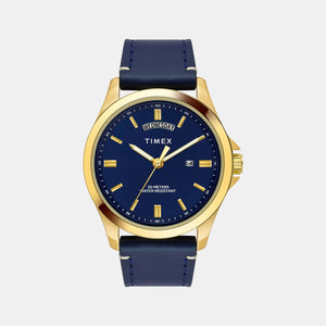 Fashion Men Quartz Blue Dial Analog Leather Watch TW000X140