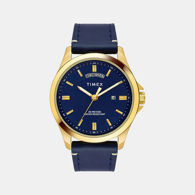 Fashion Men Quartz Blue Dial Analog Leather Watch TW000X140
