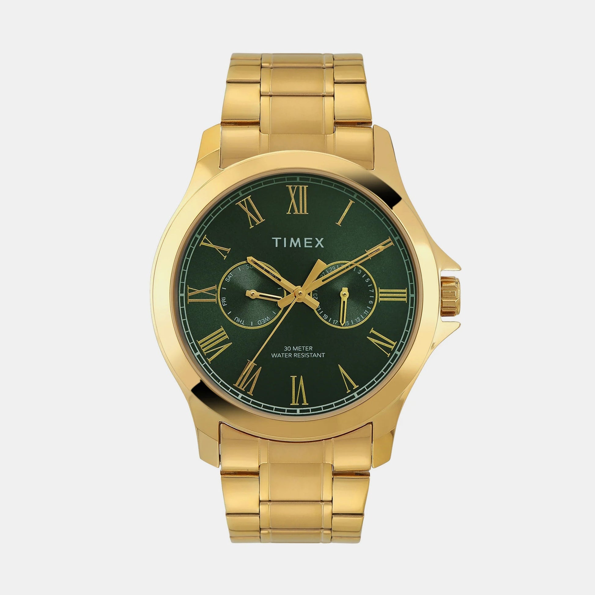 Fashion Men Quartz Green Dial Multi-Function Stainless Steel Watch TW000X142