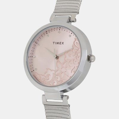 Fashion Women Quartz Pink Dial Analog Stainless Steel Watch TW000X217