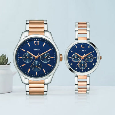 Timex Empera Pairs Blue Dial Round Case Multifunction Function Watch 44mm & 35mm TW00PR267