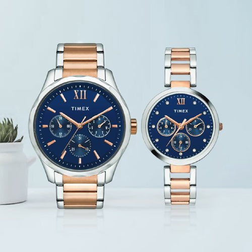 Timex Empera Pairs Blue Dial Round Case Multifunction Function Watch 44mm & 35mm TW00PR267