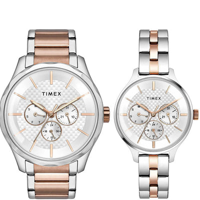 Timex Fashion Collection Premium Quality Multifunction Pair's Analog Silver Dial Coloured Quartz Watch, Round Dial with 44mm TW00PR291