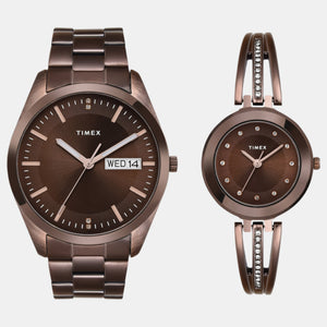 Fashion Couple Quartz Brown Dial Analog Stainless Steel Watch TW00PR311
