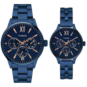 Timex Unisex Blue Round Dial Analog Pair Watches 44mm & 36mm TW00PR313