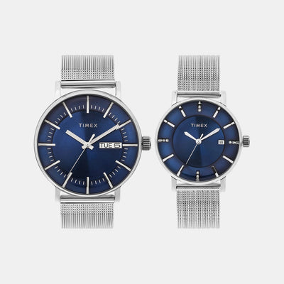 Fashion Couple Quartz Blue Dial Analog Stainless Steel Watch TW00PR323