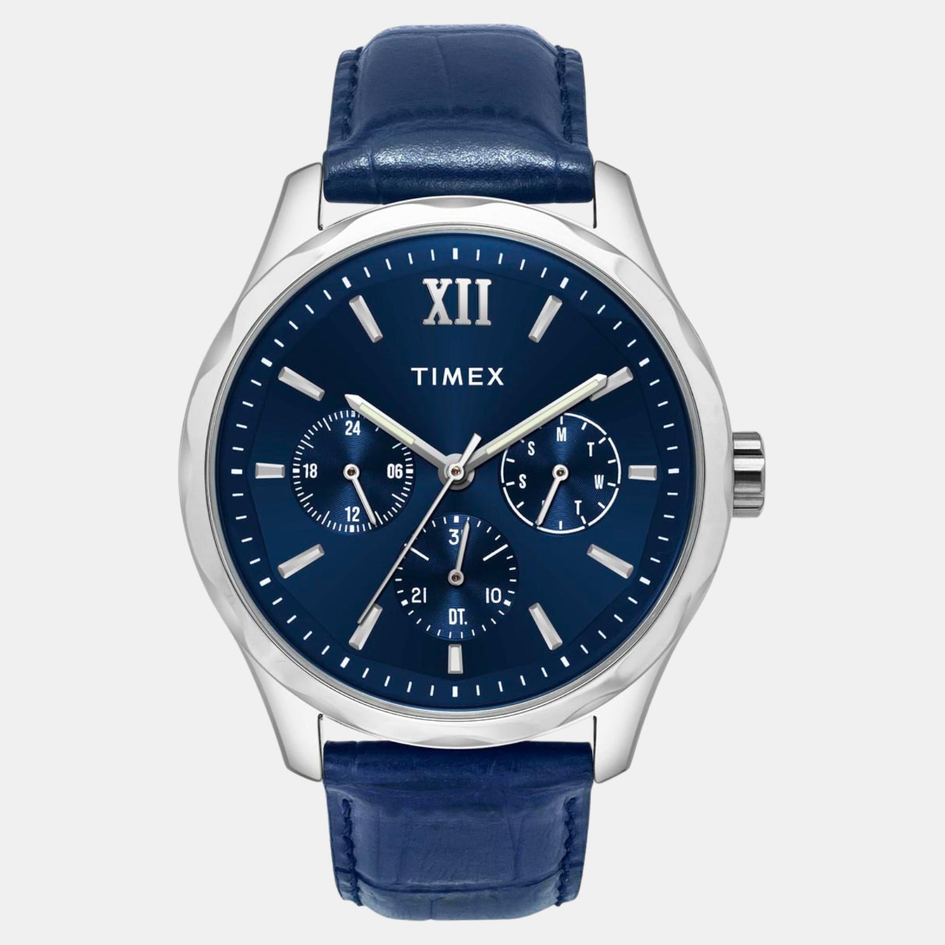 Fashion Men Quartz Blue Dial Multi-Function Leather Watch TW0TG7632