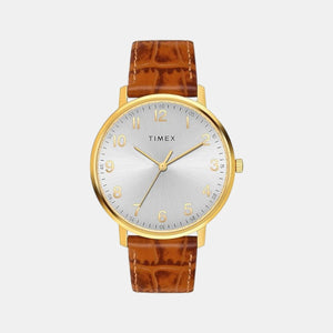Fashion Men Quartz Silver Dial Analog Leather Watch TW0TG8026