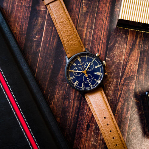 Timex Waterbury Men Classic Chronograph Blue Dial Leather Strap Watch 40mm TW2U88200UJ